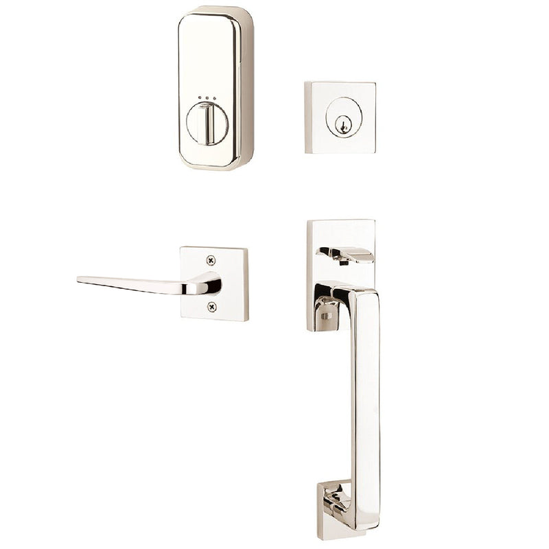 Emtek EMPowered Smart Lock Baden Tubular Single Cylinder Entrance Handleset with Right Handed Athena Lever in Lifetime Polished Nickel finish