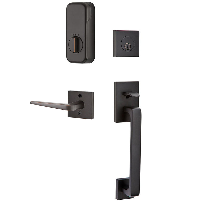 Emtek EMPowered Smart Lock Baden Tubular Single Cylinder Entrance Handleset with Right Handed Athena Lever in Oil Rubbed Bronze finish