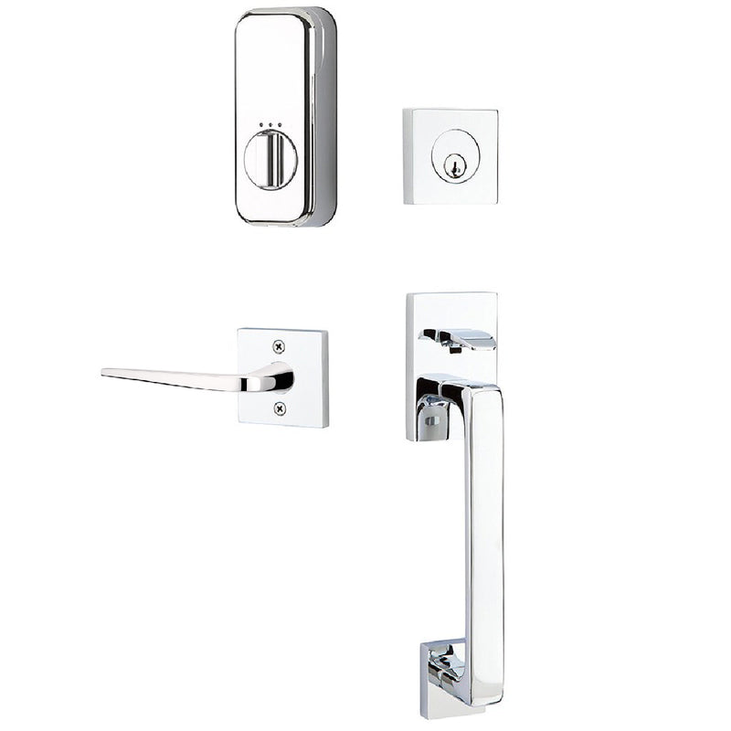 Emtek EMPowered Smart Lock Baden Tubular Single Cylinder Entrance Handleset with Right Handed Athena Lever in Polished Chrome finish