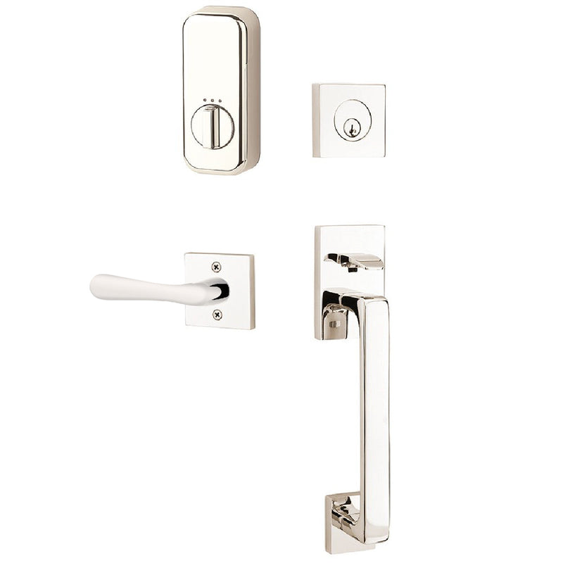 Emtek EMPowered Smart Lock Baden Tubular Single Cylinder Entrance Handleset with Right Handed Basel Lever in Lifetime Polished Nickel finish