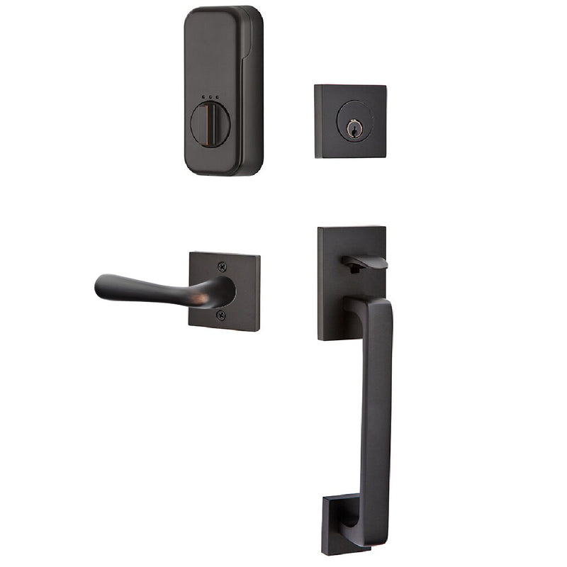 Emtek EMPowered Smart Lock Baden Tubular Single Cylinder Entrance Handleset with Right Handed Basel Lever in Oil Rubbed Bronze finish