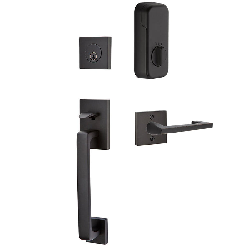 Emtek EMPowered Smart Lock Upgrade Baden Tubular Single Cylinder Entrance Handleset with Left Handed Argos Lever in Flat Black finish