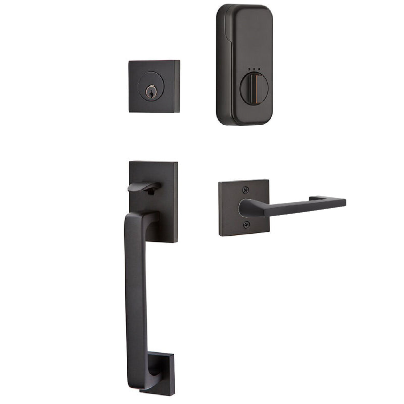 Emtek EMPowered Smart Lock Upgrade Baden Tubular Single Cylinder Entrance Handleset with Left Handed Argos Lever in Oil Rubbed Bronze finish