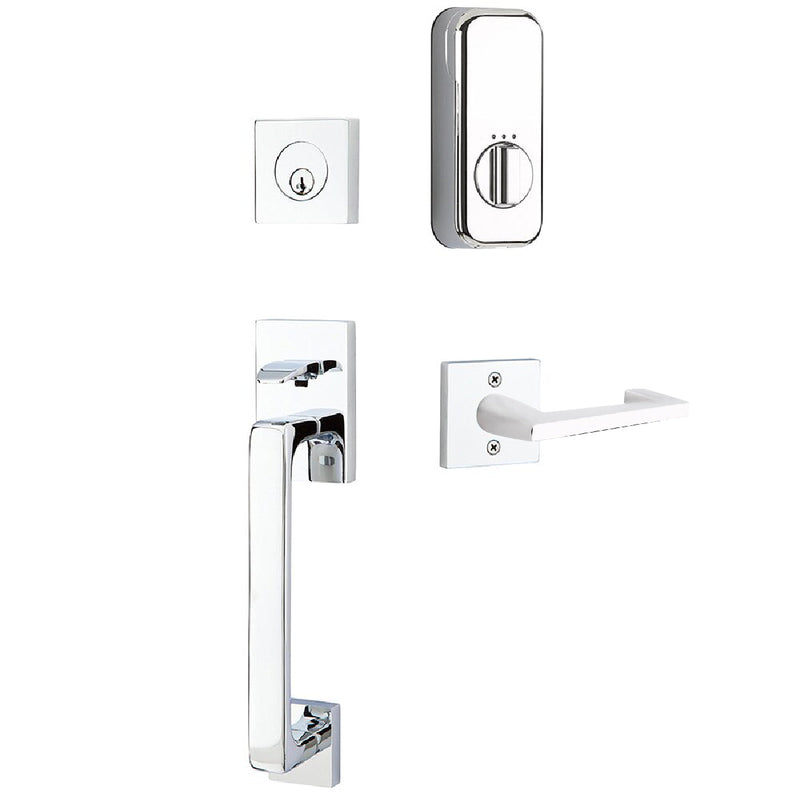 Emtek EMPowered Smart Lock Upgrade Baden Tubular Single Cylinder Entrance Handleset with Left Handed Argos Lever in Polished Chrome finish