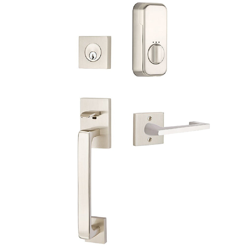 Emtek EMPowered Smart Lock Upgrade Baden Tubular Single Cylinder Entrance Handleset with Left Handed Argos Lever in Satin Nickel finish