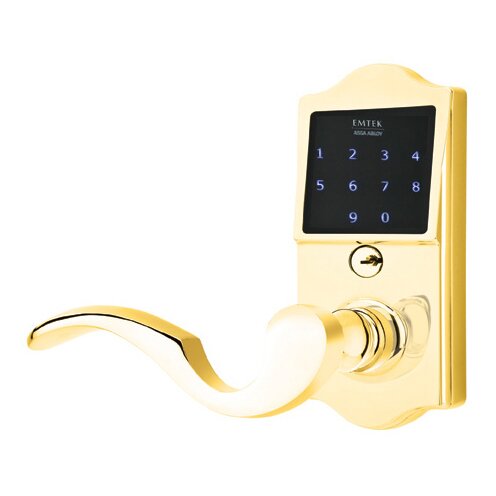 Emtek EMTouch Classic Electronic Touchscreen Keypad Leverset with Left Handed Cortina Lever in Polished Brass finish