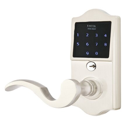 Emtek EMTouch Classic Electronic Touchscreen Keypad Leverset with Left Handed Cortina Lever in Satin Nickel finish