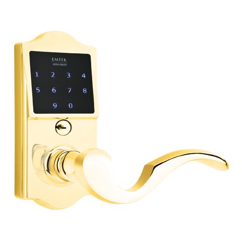 Emtek EMTouch Classic Electronic Touchscreen Keypad Leverset with Right Handed Cortina Lever in Polished Brass finish