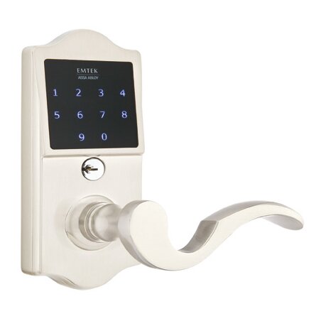 Emtek EMTouch Classic Electronic Touchscreen Keypad Leverset with Right Handed Cortina Lever in Satin Nickel finish