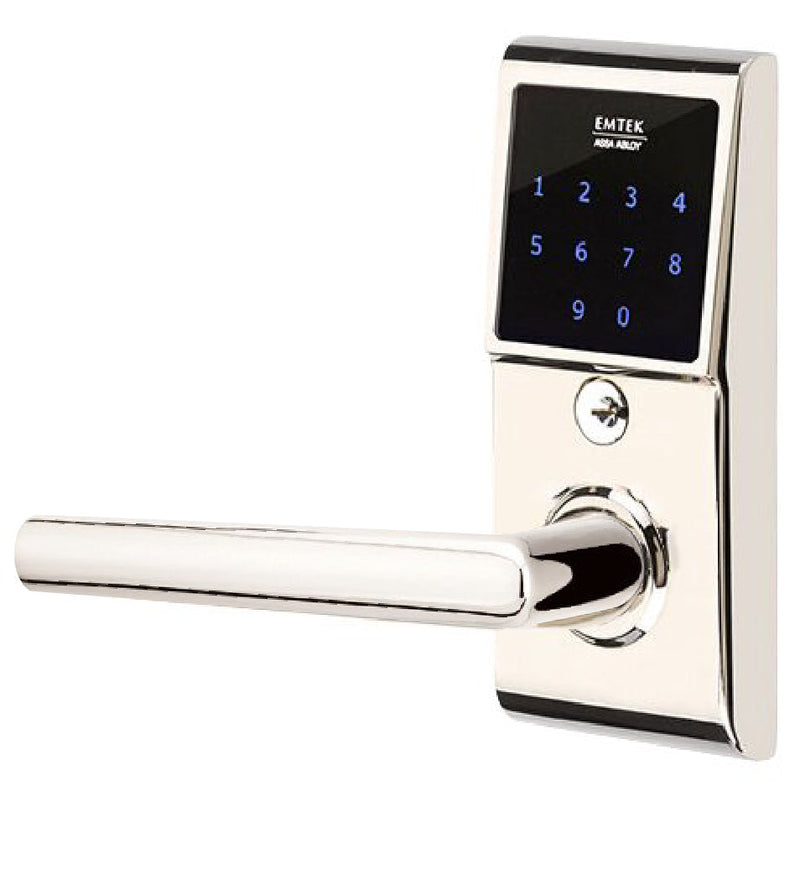 Emtek EMTouch Electronic Touchscreen Keypad Leverset with Left Handed Stuttgart Lever in Lifetime Polished Nickel finish