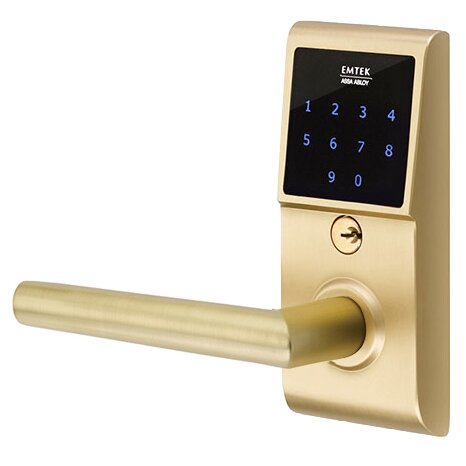 Emtek EMTouch Electronic Touchscreen Keypad Leverset with Left Handed Stuttgart Lever in Satin Brass finish