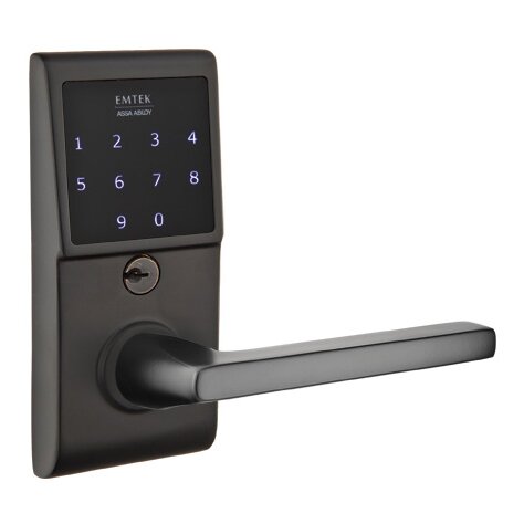 Emtek EMTouch Electronic Touchscreen Keypad Leverset with Right Handed Helios Lever in Flat Black finish