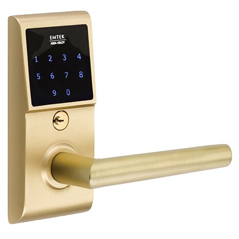 Emtek EMTouch Electronic Touchscreen Keypad Leverset with Right Handed Stuttgart Lever in Satin Brass finish