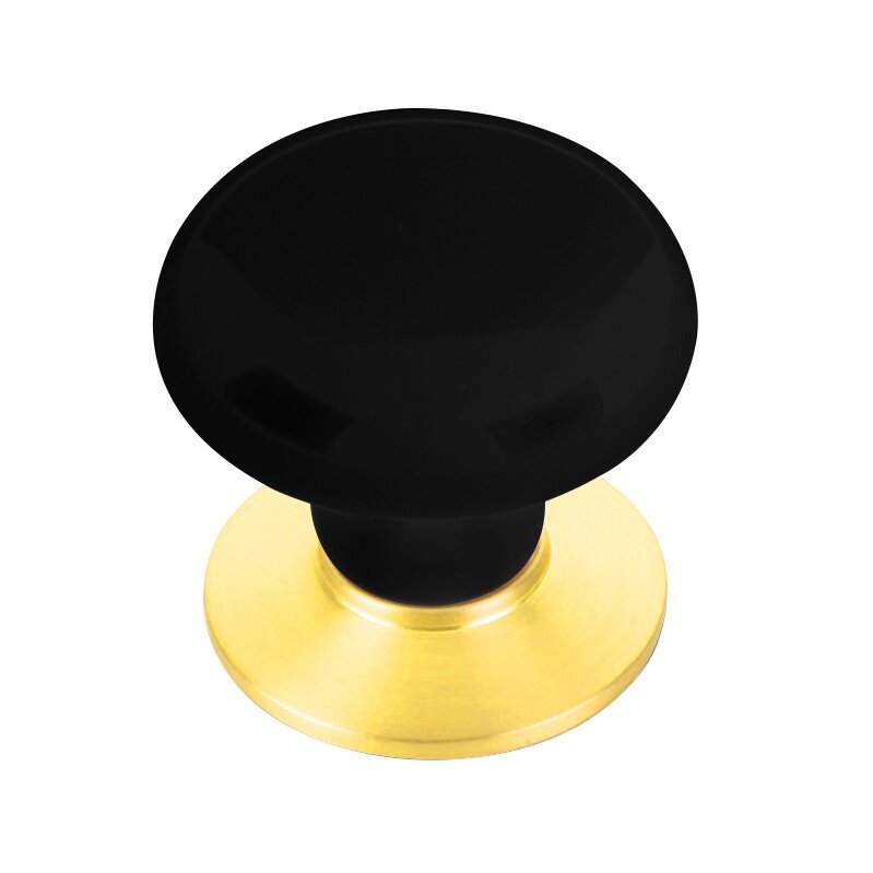 The Emtek Ebony Porcelain Cabinet Knob in Lifetime Polished Brass finish