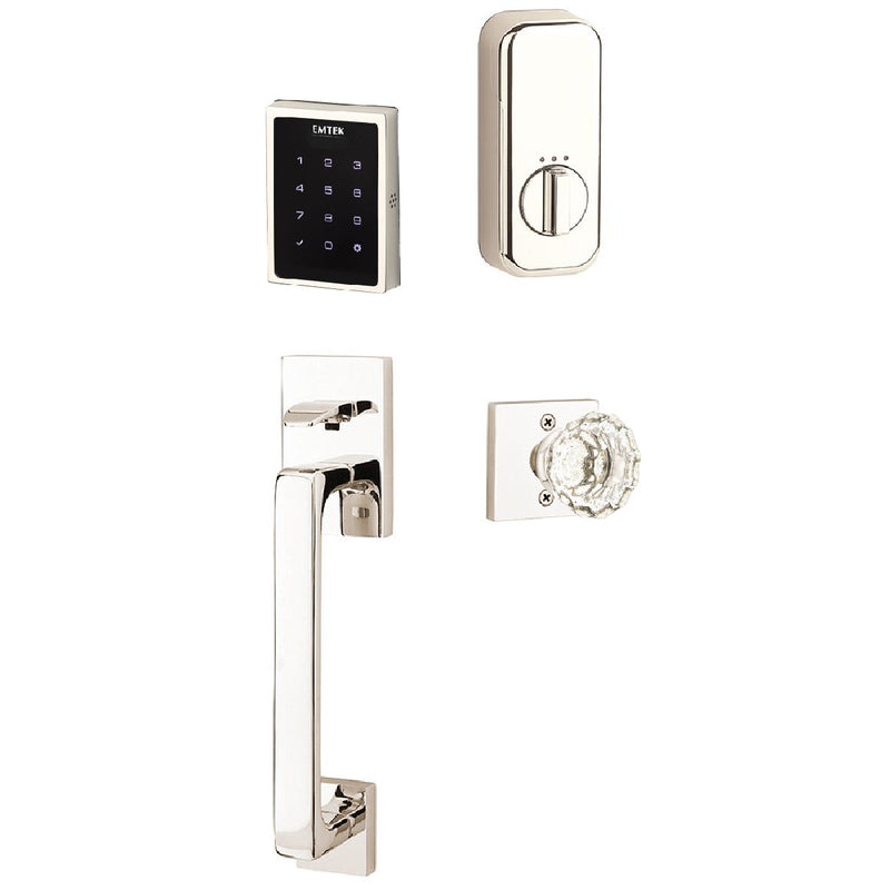 Emtek Electronic EMPowered Motorized Touchscreen Keypad Entry Set With Baden Grip and Astoria Clear Crystal Knob in Lifetime Polished Nickel finish