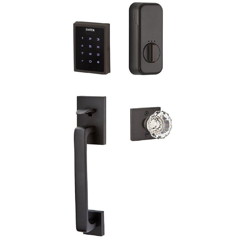 Emtek Electronic EMPowered Motorized Touchscreen Keypad Entry Set With Baden Grip and Astoria Clear Crystal Knob in Oil Rubbed Bronze finish