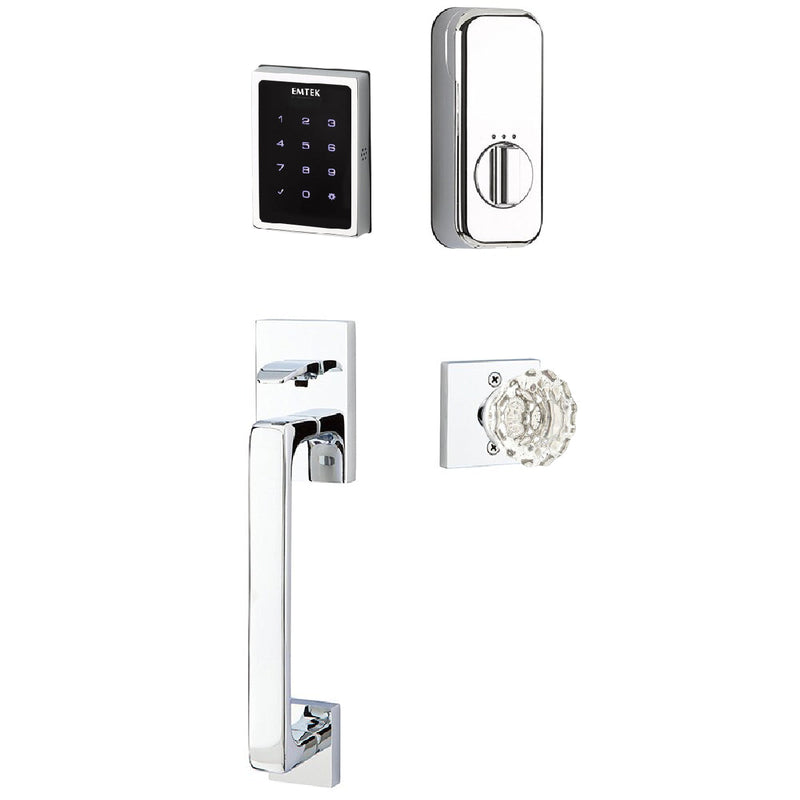 Emtek Electronic EMPowered Motorized Touchscreen Keypad Entry Set With Baden Grip and Astoria Clear Crystal Knob in Polished Chrome finish