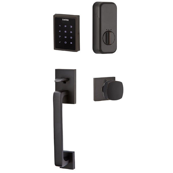 Emtek Electronic EMPowered Motorized Touchscreen Keypad Entry Set With Baden Grip and Freestone Square Knob in Oil Rubbed Bronze finish