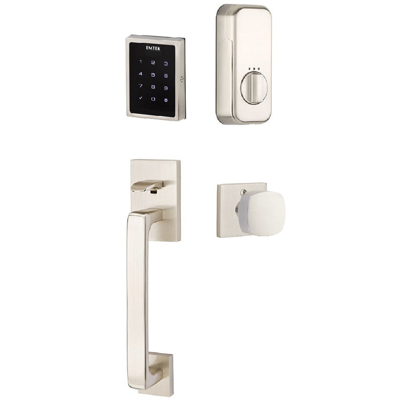 Emtek Electronic EMPowered Motorized Touchscreen Keypad Entry Set With Baden Grip and Freestone Square Knob in Satin Nickel finish