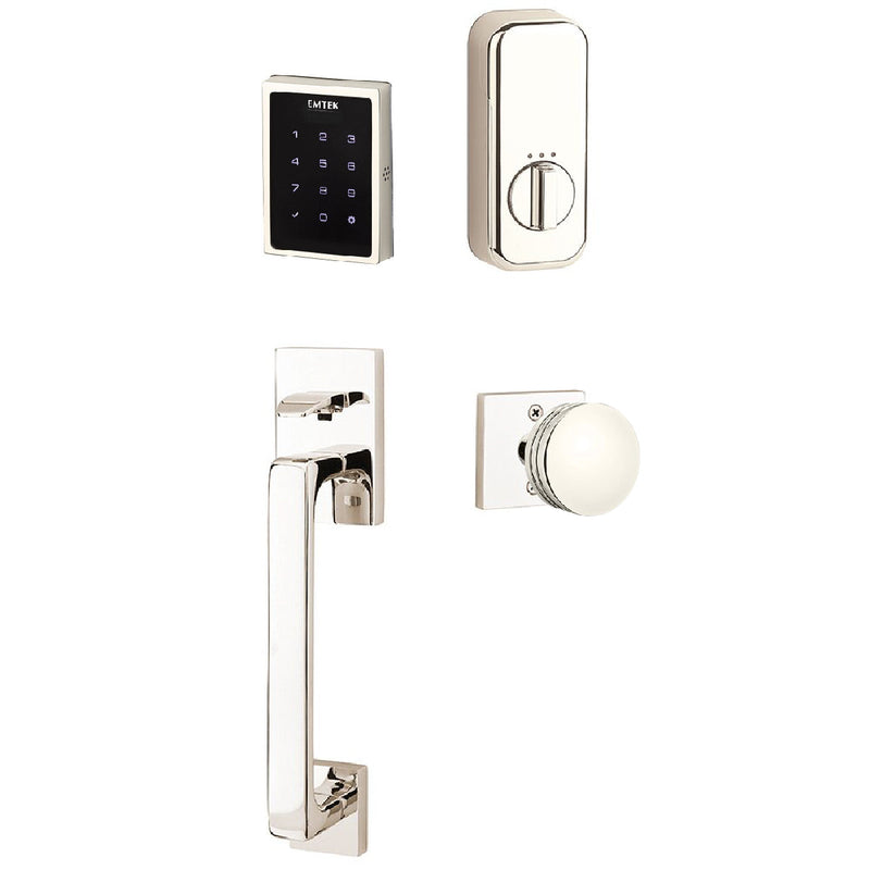 Emtek Electronic EMPowered Motorized Touchscreen Keypad Entry Set With Baden Grip and Interior Bern Knob in Lifetime Polished Nickel finish