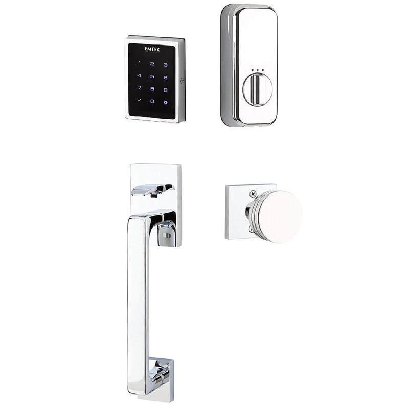 Emtek Electronic EMPowered Motorized Touchscreen Keypad Entry Set With Baden Grip and Interior Bern Knob in Polished Chrome finish