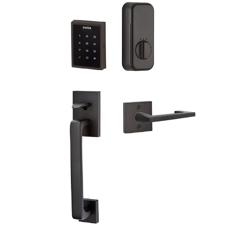Emtek Electronic EMPowered Motorized Touchscreen Keypad Entry Set With Baden Grip and Left Handed Argos Lever in Oil Rubbed Bronze finish