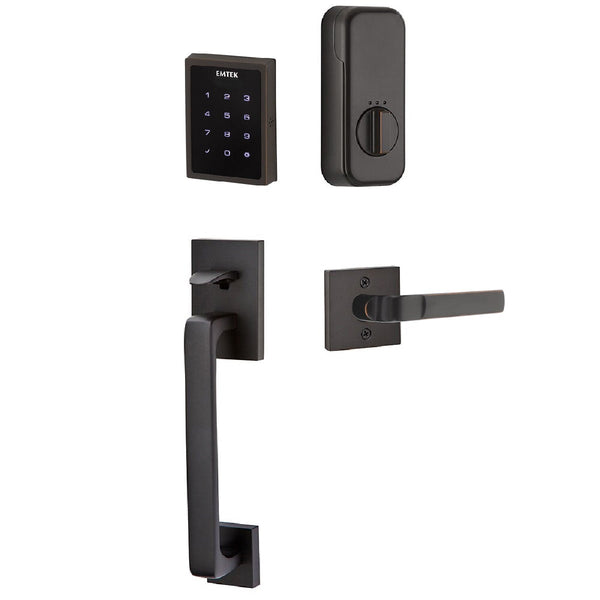 Emtek Electronic EMPowered Motorized Touchscreen Keypad Entry Set With Baden Grip and Left Handed Aston Lever in Oil Rubbed Bronze finish