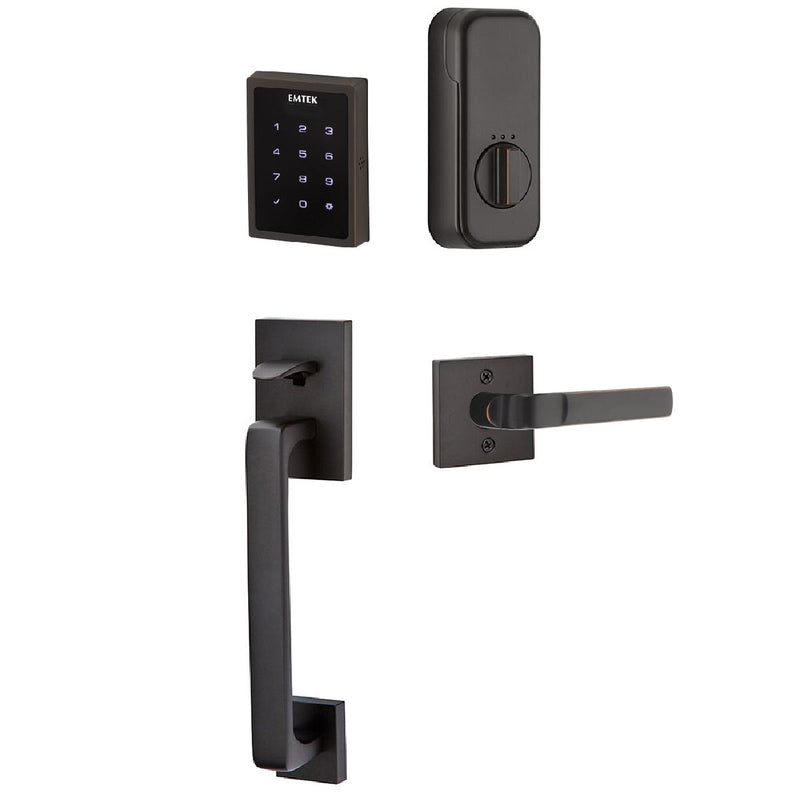 Emtek-Electronic EMPowered Motorized Touchscreen Keypad Entry Set With Baden Grip and Left Handed Aston Lever-Oil Rubbed Bronze-Coastal Hardware Store