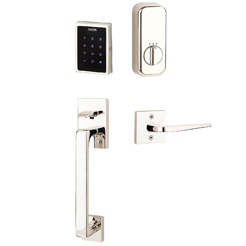Emtek Electronic EMPowered Motorized Touchscreen Keypad Entry Set With Baden Grip and Left Handed Athena Lever in Lifetime Polished Nickel finish