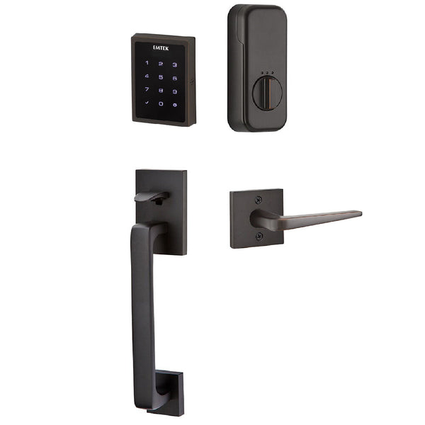 Emtek Electronic EMPowered Motorized Touchscreen Keypad Entry Set With Baden Grip and Left Handed Athena Lever in Oil Rubbed Bronze finish