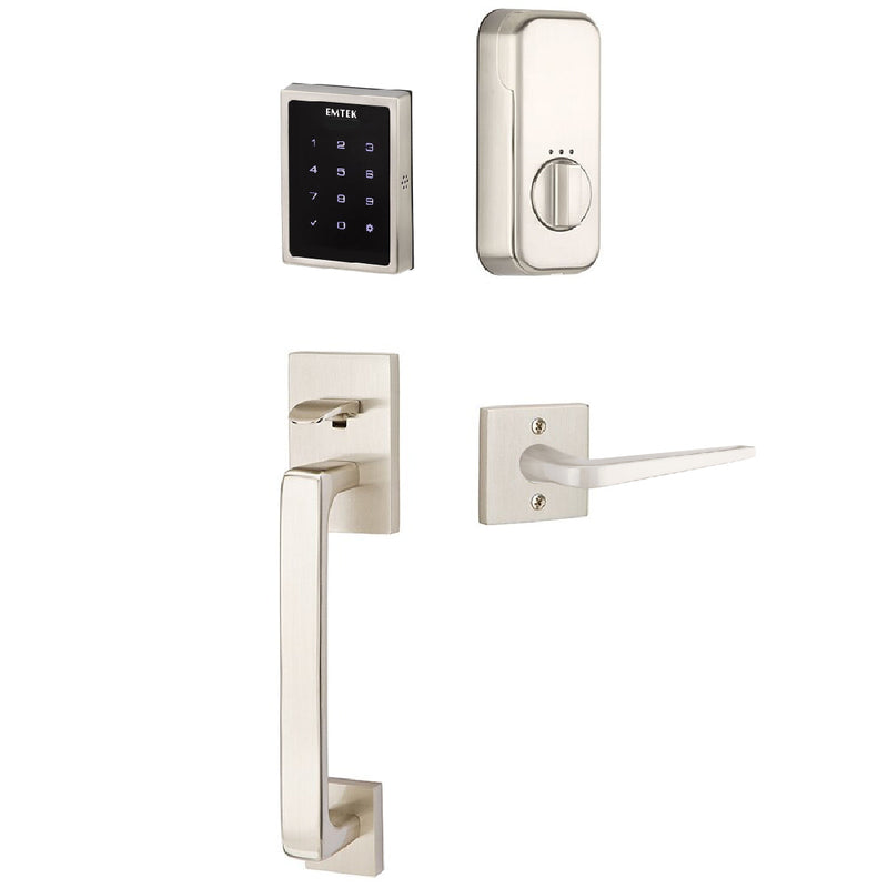 Emtek Electronic EMPowered Motorized Touchscreen Keypad Entry Set With Baden Grip and Left Handed Athena Lever in Satin Nickel finish