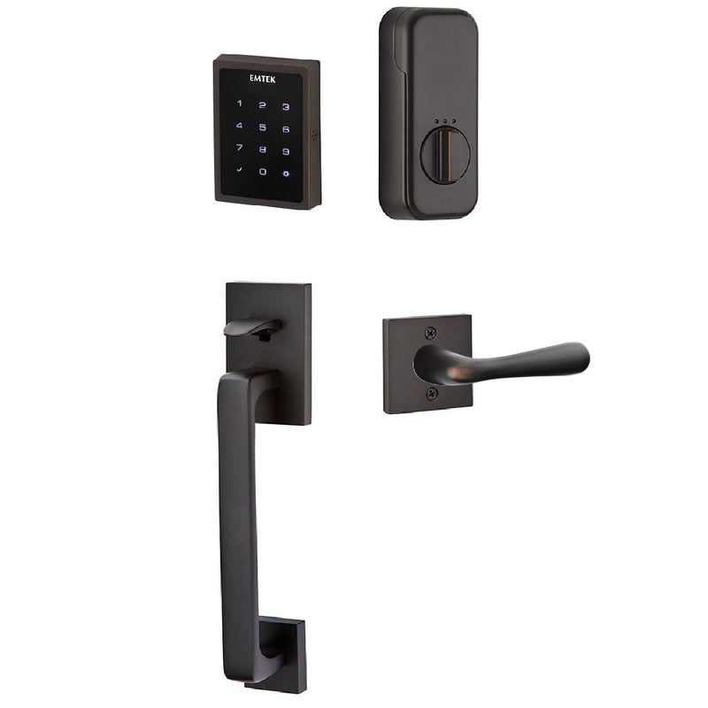 Emtek Electronic EMPowered Motorized Touchscreen Keypad Entry Set With Baden Grip and Left Handed Basel Lever in Oil Rubbed Bronze finish