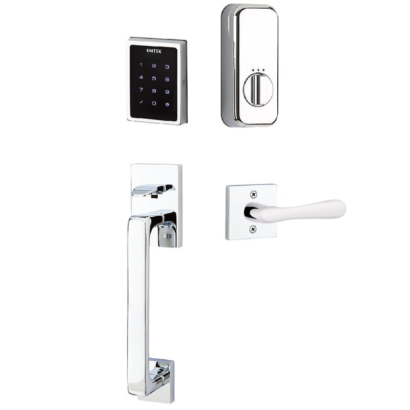 Emtek Electronic EMPowered Motorized Touchscreen Keypad Entry Set With Baden Grip and Left Handed Basel Lever in Polished Chrome finish
