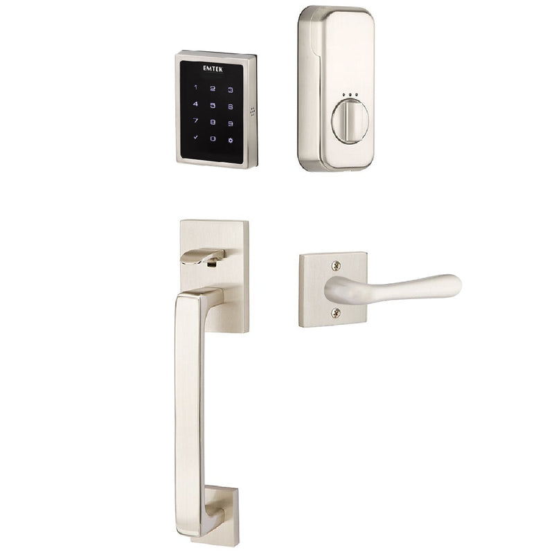 Emtek Electronic EMPowered Motorized Touchscreen Keypad Entry Set With Baden Grip and Left Handed Basel Lever in Satin Nickel finish