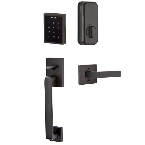 Emtek Electronic EMPowered Motorized Touchscreen Keypad Entry Set With Baden Grip and Left Handed Dumont Lever in Oil Rubbed Bronze finish