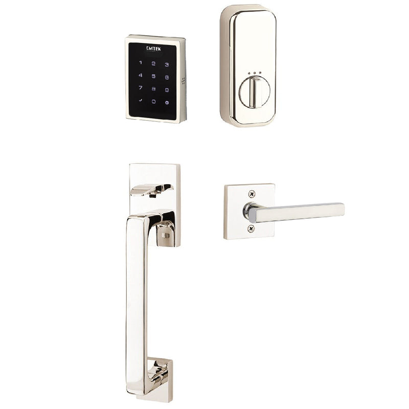 Emtek Electronic EMPowered Motorized Touchscreen Keypad Entry Set With Baden Grip and Left Handed Freestone Lever in Lifetime Polished Nickel finish