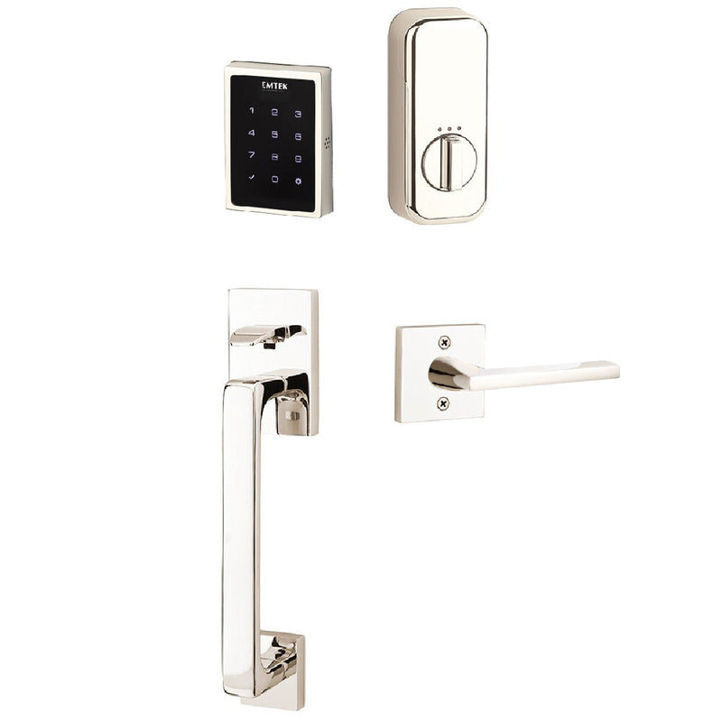 Emtek Electronic EMPowered Motorized Touchscreen Keypad Entry Set With Baden Grip and Left Handed Helios Lever in Lifetime Polished Nickel finish