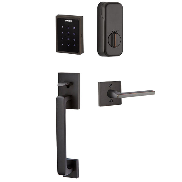 Emtek Electronic EMPowered Motorized Touchscreen Keypad Entry Set With Baden Grip and Left Handed Helios Lever in Oil Rubbed Bronze finish