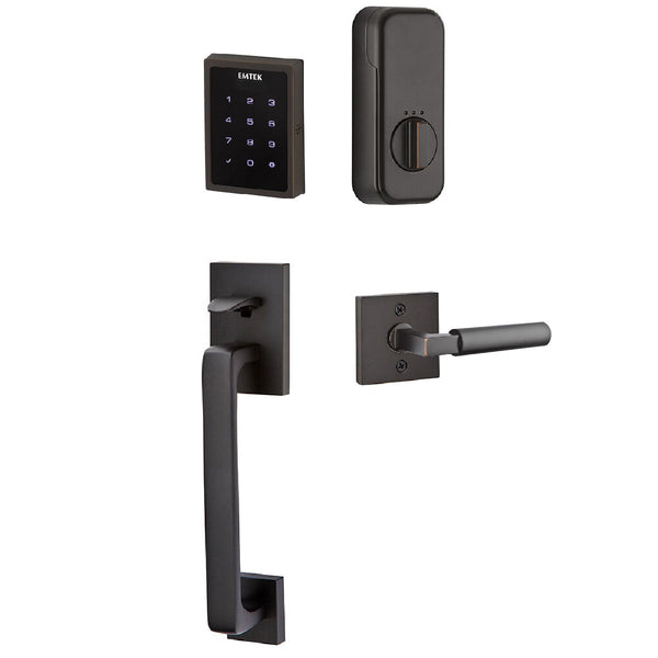 Emtek Electronic EMPowered Motorized Touchscreen Keypad Entry Set With Baden Grip and Left Handed Hercules Lever in Oil Rubbed Bronze finish