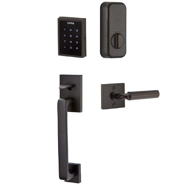 Emtek Electronic EMPowered Motorized Touchscreen Keypad Entry Set With Baden Grip and Left Handed R-Bar Faceted Lever in Oil Rubbed Bronze finish