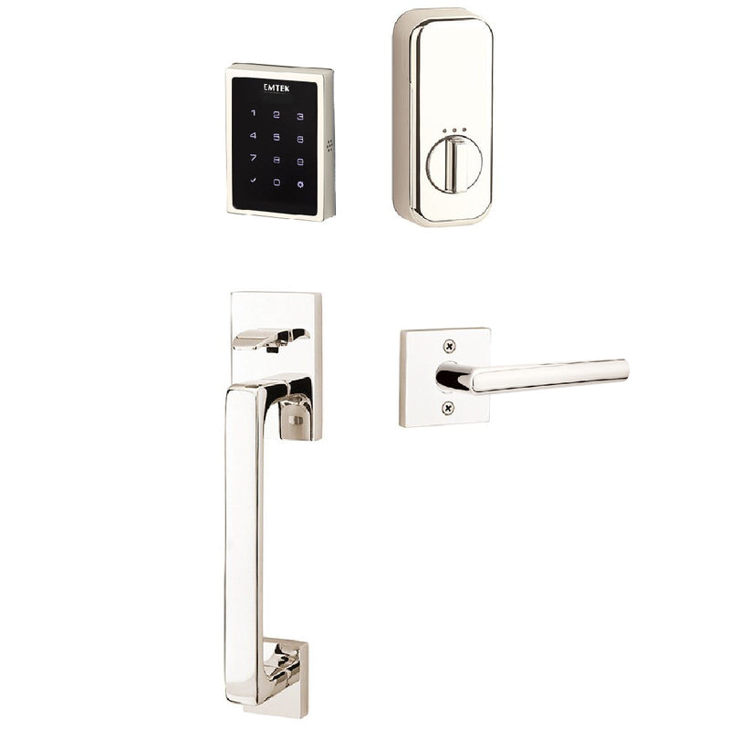 Emtek Electronic EMPowered Motorized Touchscreen Keypad Entry Set With Baden Grip and Left Handed Stuttgart Lever in Lifetime Polished Nickel finish