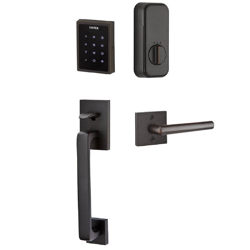 Emtek Electronic EMPowered Motorized Touchscreen Keypad Entry Set With Baden Grip and Left Handed Stuttgart Lever in Oil Rubbed Bronze finish