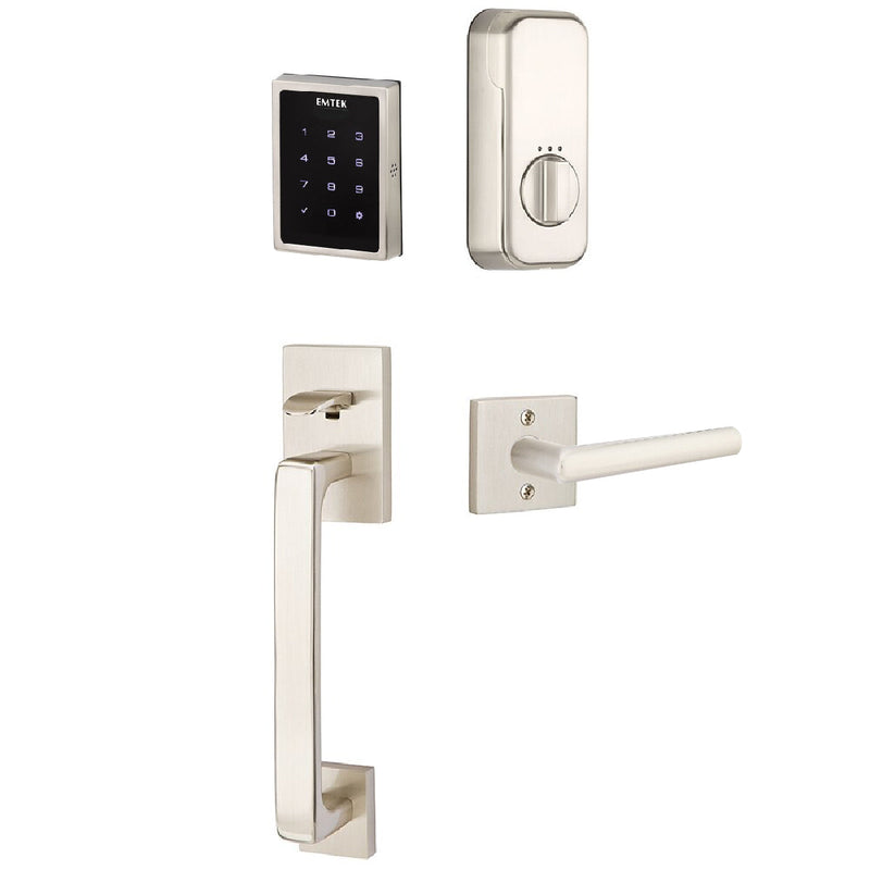 Emtek Electronic EMPowered Motorized Touchscreen Keypad Entry Set With Baden Grip and Left Handed Stuttgart Lever in Satin Nickel finish