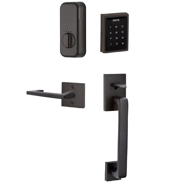 Emtek Electronic EMPowered Motorized Touchscreen Keypad Entry Set With Baden Grip and Right Handed Argos Lever in Oil Rubbed Bronze finish