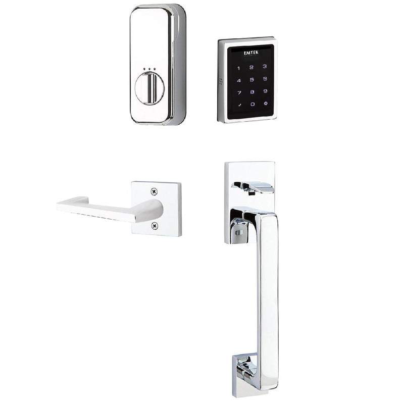 Emtek Electronic EMPowered Motorized Touchscreen Keypad Entry Set With Baden Grip and Right Handed Argos Lever in Polished Chrome finish