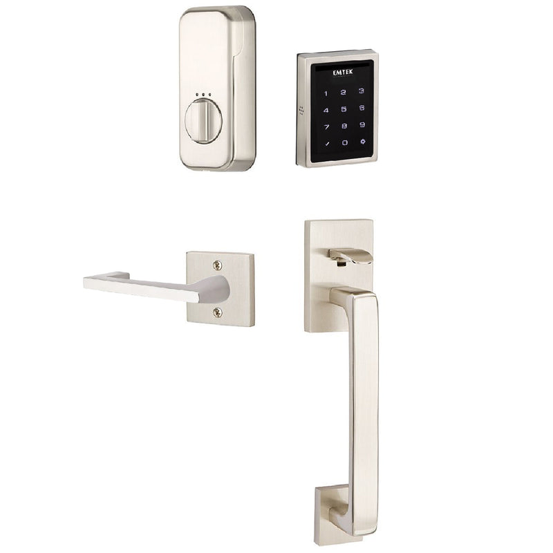 Emtek Electronic EMPowered Motorized Touchscreen Keypad Entry Set With Baden Grip and Right Handed Argos Lever in Satin Nickel finish