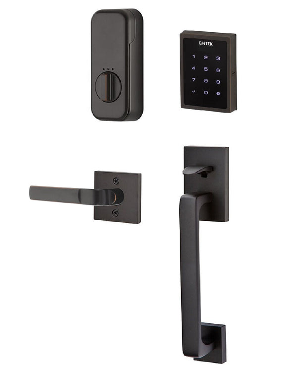 Emtek Electronic EMPowered Motorized Touchscreen Keypad Entry Set With Baden Grip and Right Handed Aston Lever in Oil Rubbed Bronze finish