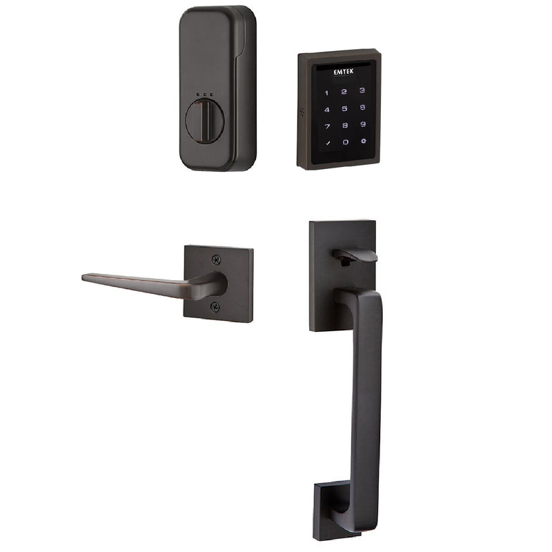 Emtek Electronic EMPowered Motorized Touchscreen Keypad Entry Set With Baden Grip and Right Handed Athena Lever in Oil Rubbed Bronze finish