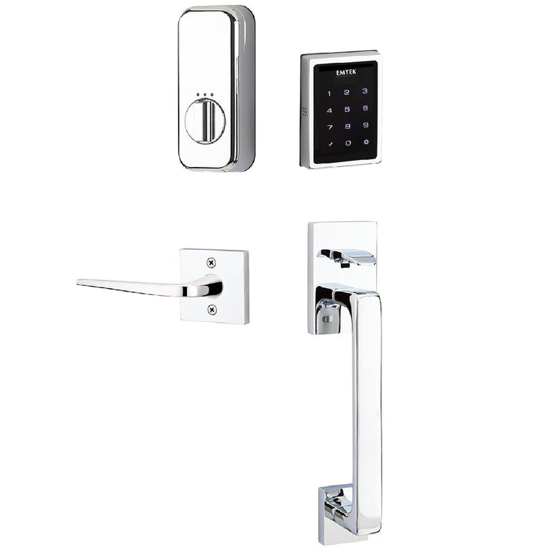 Emtek Electronic EMPowered Motorized Touchscreen Keypad Entry Set With Baden Grip and Right Handed Athena Lever in Polished Chrome finish