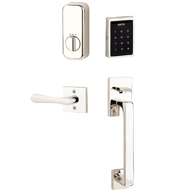 Emtek Electronic EMPowered Motorized Touchscreen Keypad Entry Set With Baden Grip and Right Handed Basel Lever in Lifetime Polished Nickel finish